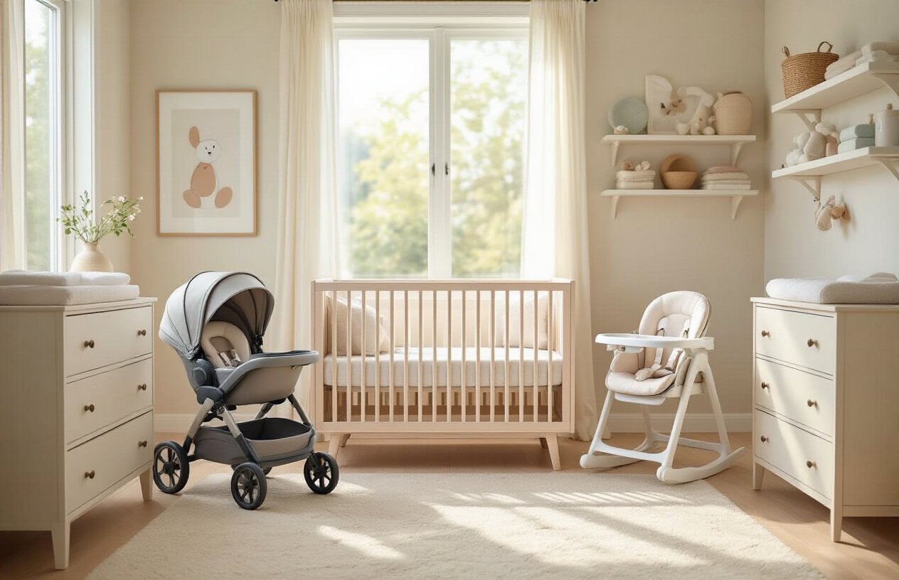 Create a realistic image of a peaceful nursery room with carefully selected baby gear including a modern crib, stroller, high chair, and baby monitor arranged thoughtfully in a well-lit space with natural sunlight streaming through a window, featuring soft pastel colors, organized shelving with baby essentials, and a cozy atmosphere that conveys confidence and satisfaction in making informed purchasing decisions, absolutely NO text should be in the scene.